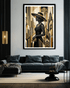 Framed artwork of a stylized woman in a hat on a wall above a sofa.