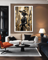 Living room with a stylish sofa, orange chair, and a framed art deco-style painting of a woman.