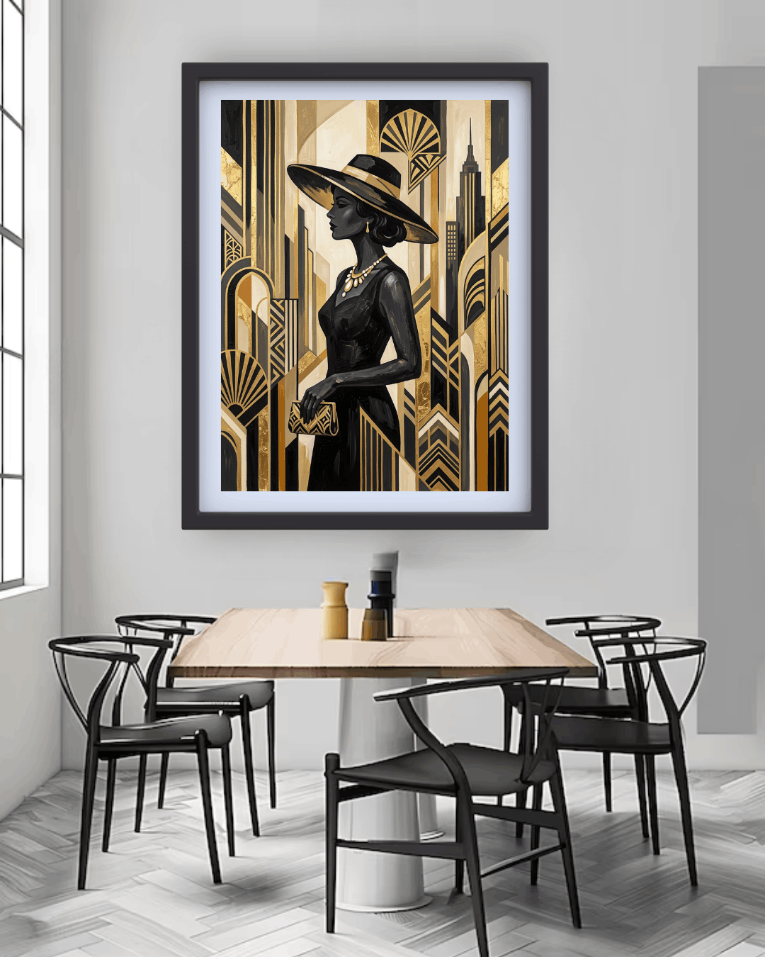 Dining room with a framed art deco-style painting of a woman on the wall.
