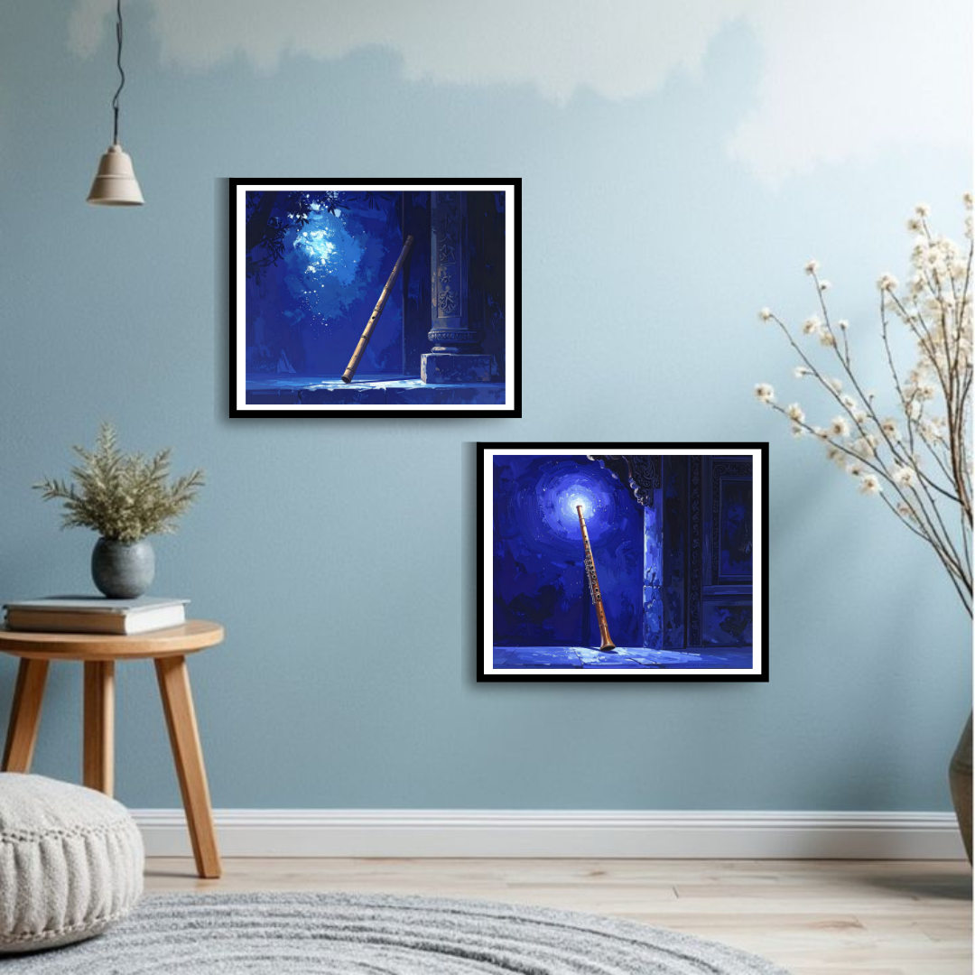 Mystical Bansuri Flute Moonlight Canvas Art Set of 2