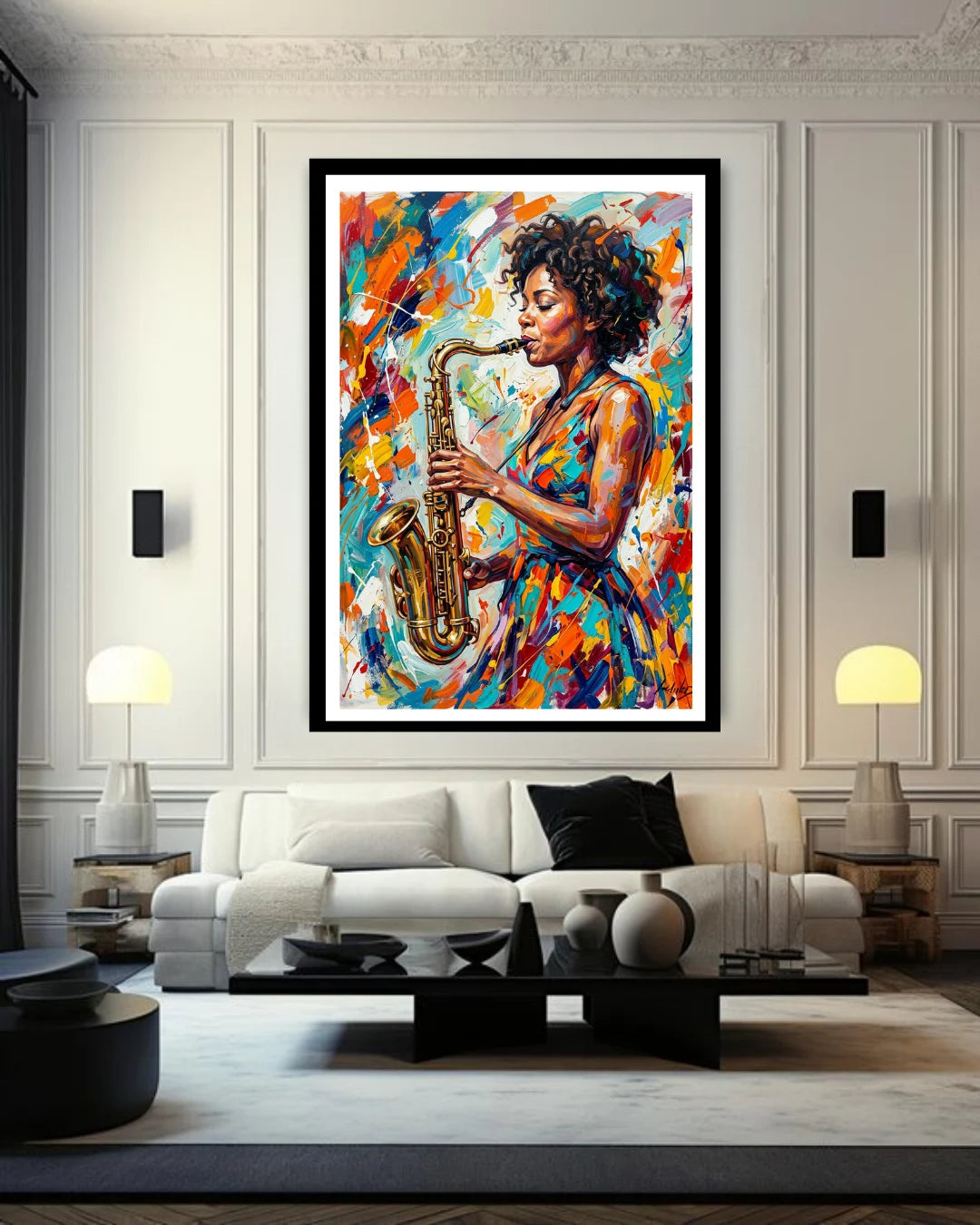 Framed artwork of a woman playing a saxophone in a modern living room.