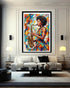 Framed artwork of a woman playing a saxophone in a modern living room.