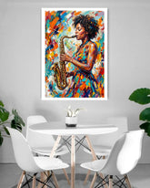 Colorful painting of a woman playing a saxophone above a modern dining table with chairs.
