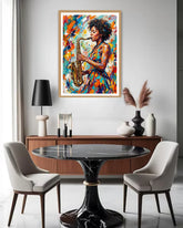 Dining room with a colorful painting of a woman playing a saxophone on the wall.