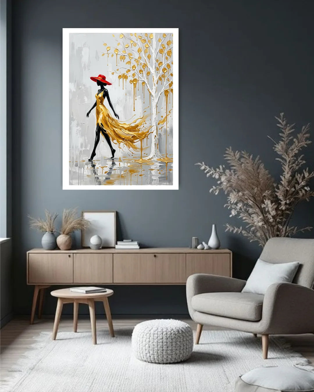 Modern living room with a large abstract painting of a woman in a yellow dress on a dark gray wall.