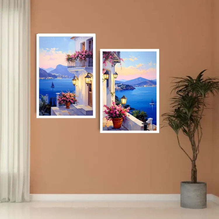 Mediterranean Sea View Balcony Art – Coastal Sunset- Wall Art Canvas
