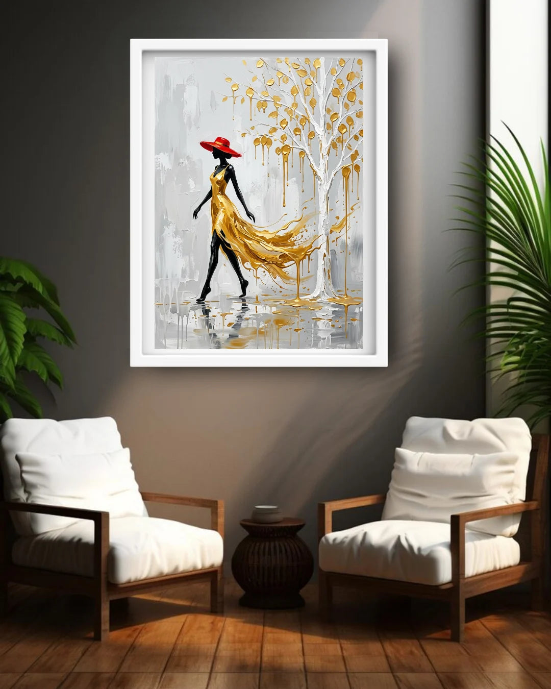 Framed abstract artwork of a woman in a gold dress and red hat in a modern living room.