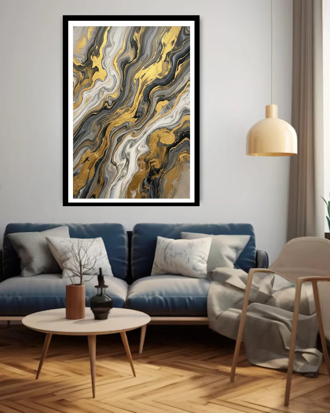 Living room with abstract art on the wall, blue sofa, and wooden coffee table.