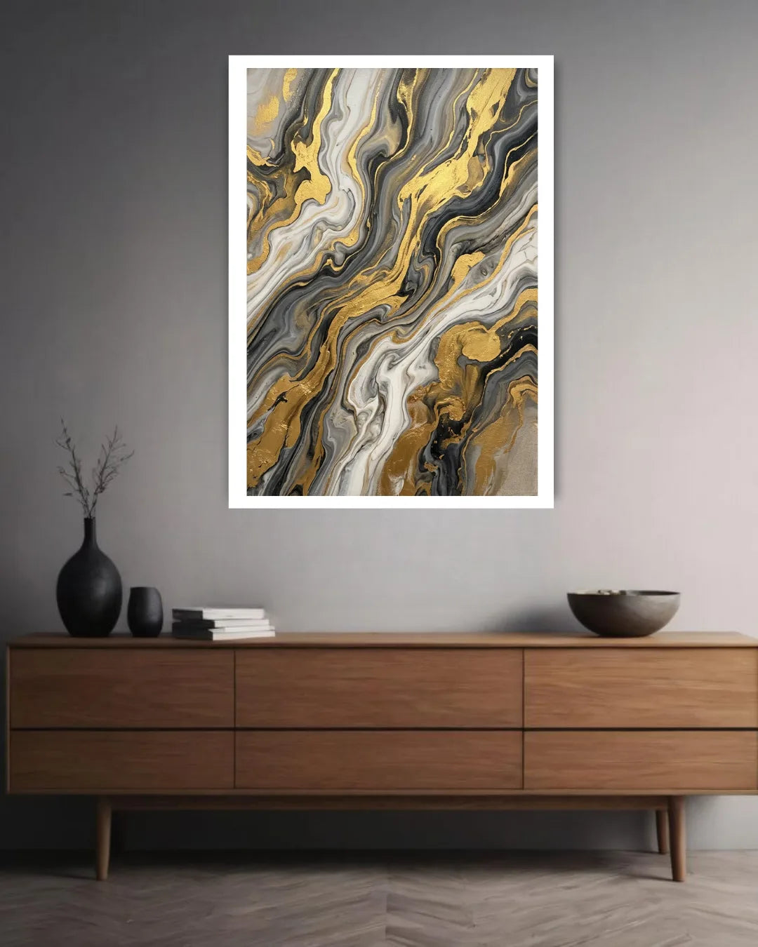 Abstract art print on a wall above a wooden console table.