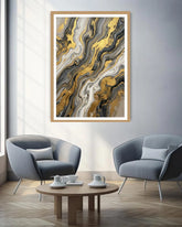 Modern living room with abstract art on the wall, two gray chairs, and a wooden coffee table.