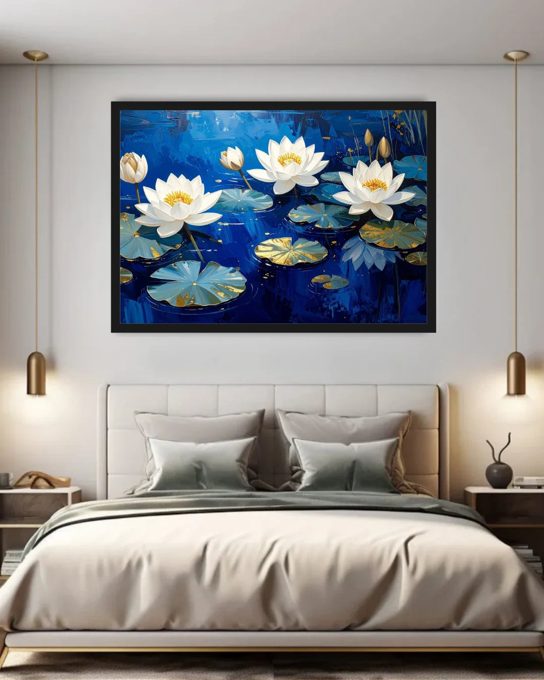 White Lotus Flowers on Blue Water – Wall Art Canvas