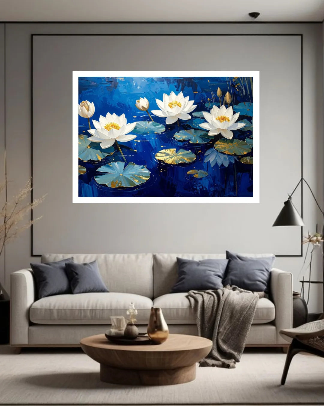 White Lotus Flowers on Blue Water – Wall Art Canvas
