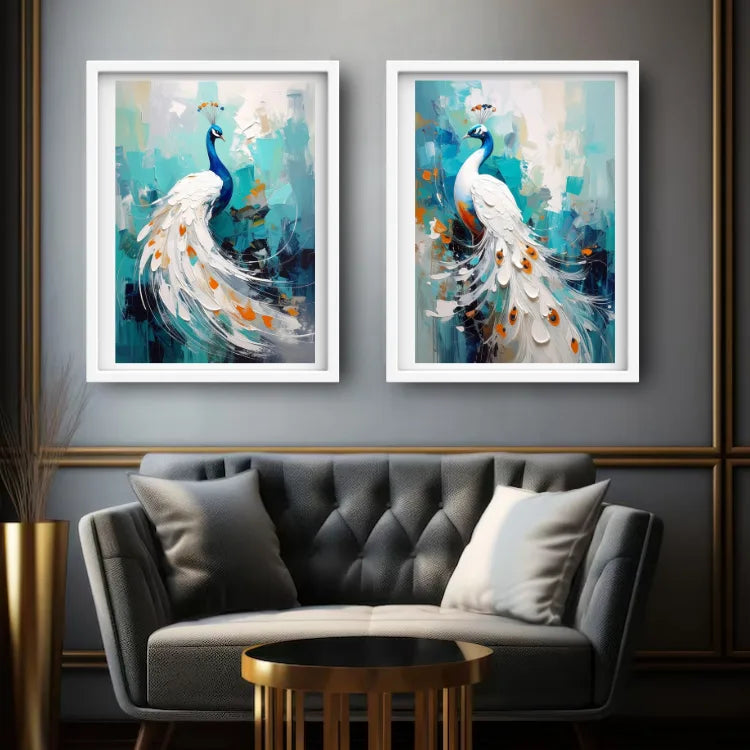 White Peacocks Diptych - Set Of 2 - Wall Art Canvas