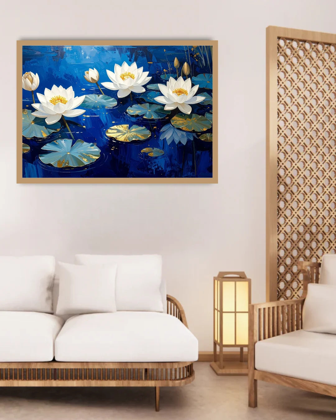 White Lotus Flowers on Blue Water – Wall Art Canvas