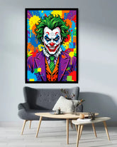 Colorful artwork of a character with a vibrant background in a modern living room.