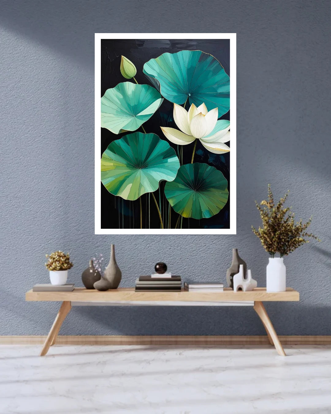 White Lotus with Teal Green Leaves – Wall Art Canvas