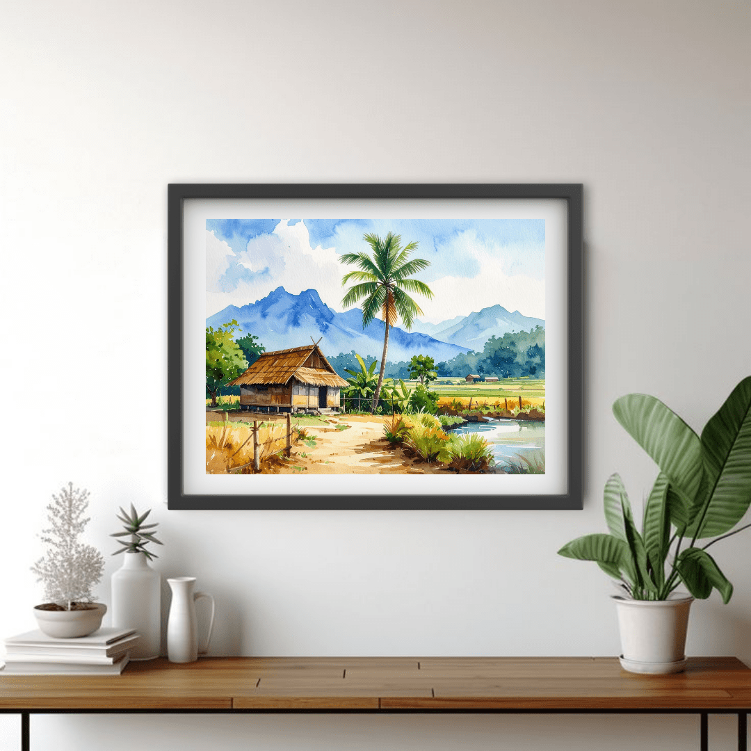 Beautiful Village Landscape Watercolor Painting – Wall Art Canvas