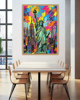 Colorful abstract art of the Statue of Liberty and cityscape in a modern dining room.