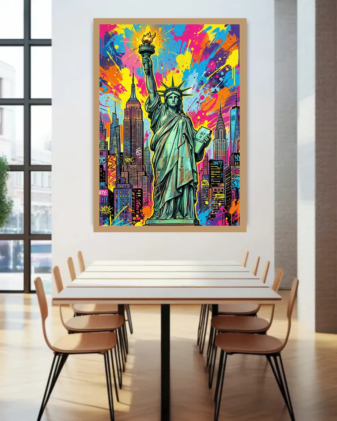 Colorful abstract art of the Statue of Liberty and cityscape in a modern dining room.
