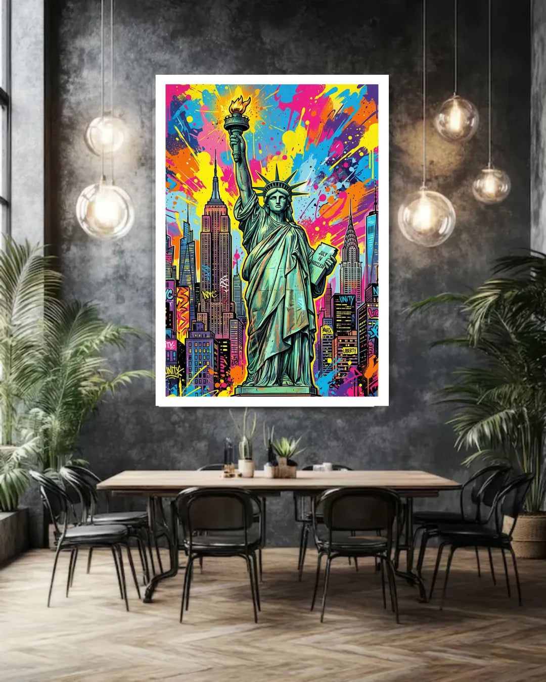 Colorful abstract art of the Statue of Liberty and cityscape on a wall in a modern interior setting.