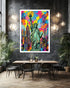 Colorful abstract art of the Statue of Liberty and cityscape on a wall in a modern interior setting.