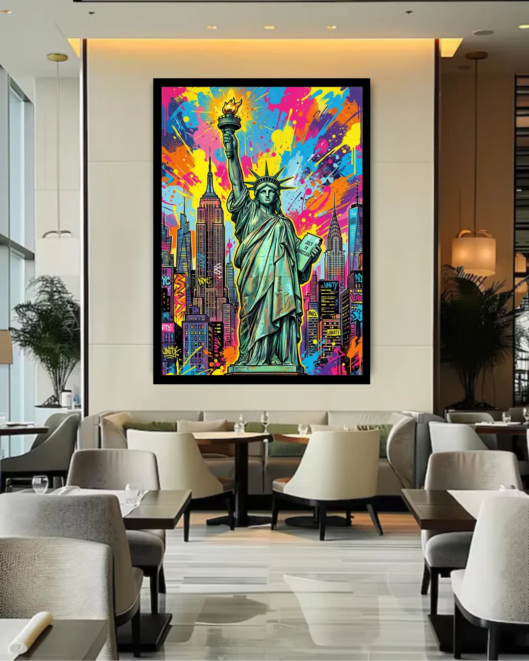 Colorful abstract painting of the Statue of Liberty in a modern restaurant setting