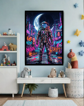 Framed poster of an astronaut in a futuristic cityscape with neon lights in a room with toys and decor.