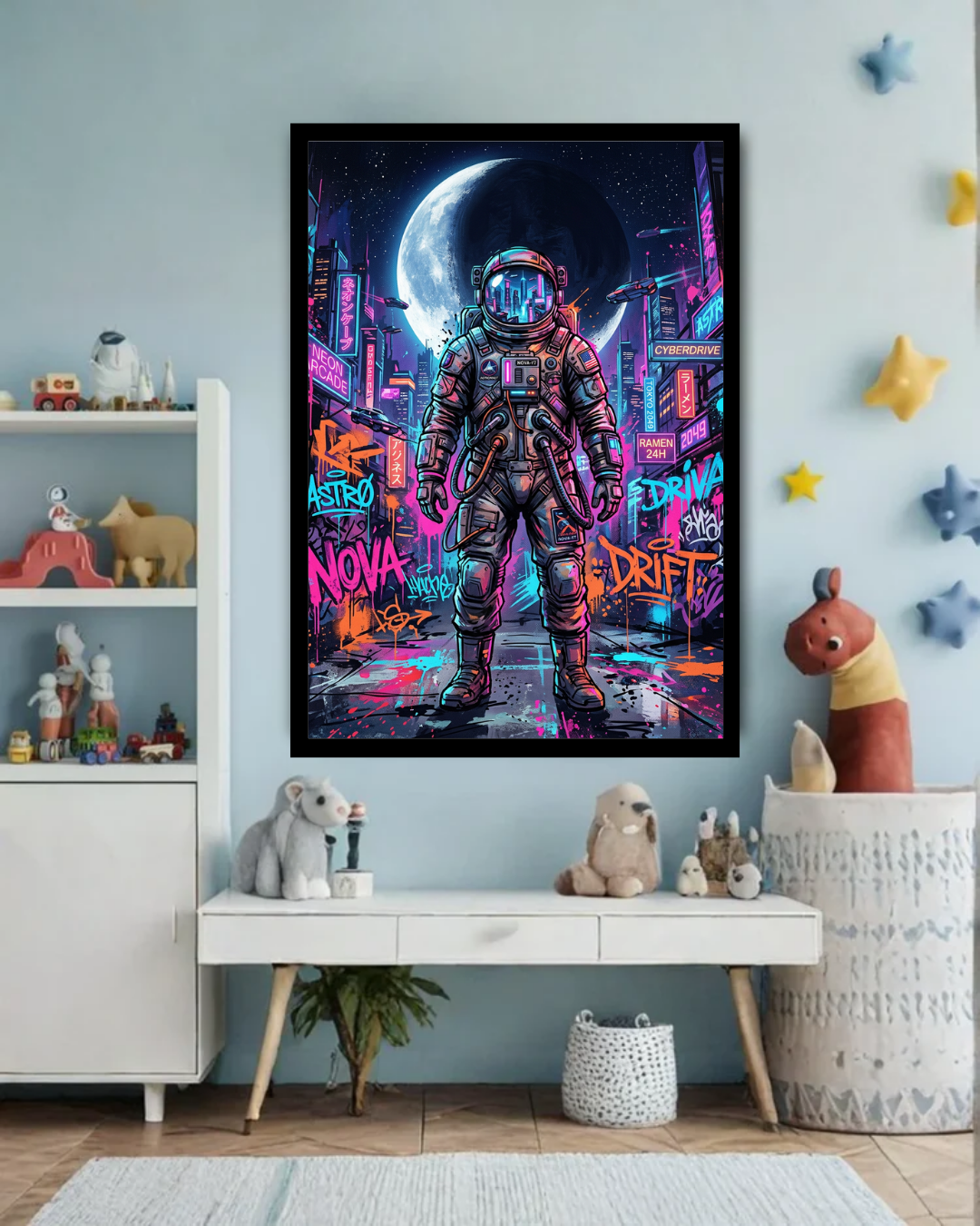 Framed poster of an astronaut in a futuristic cityscape with neon lights in a room with toys and decor.