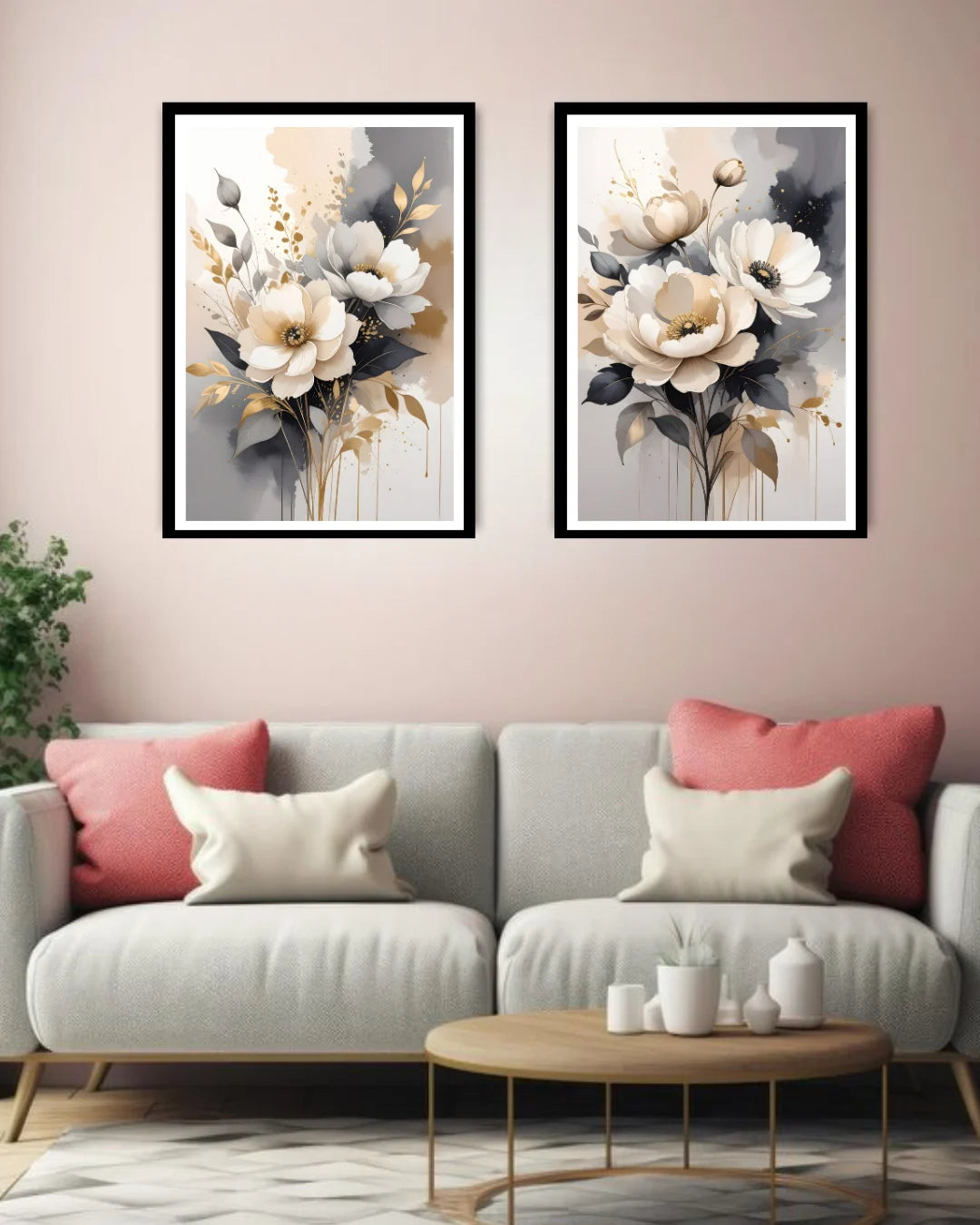 Two floral artworks on a wall above a sofa with decorative pillows.