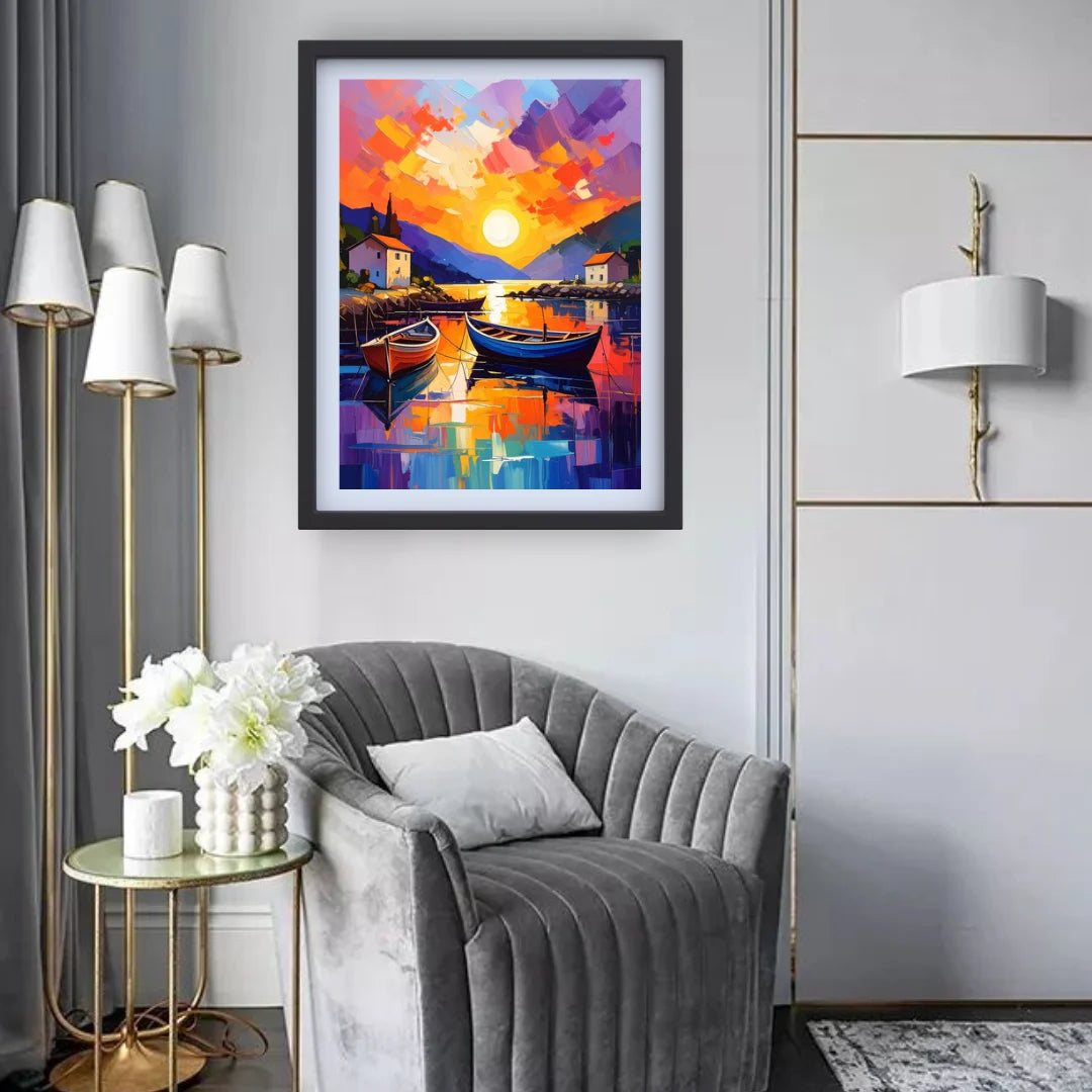 Sunset Harbor: Boats in Color - Wall Art Canvas