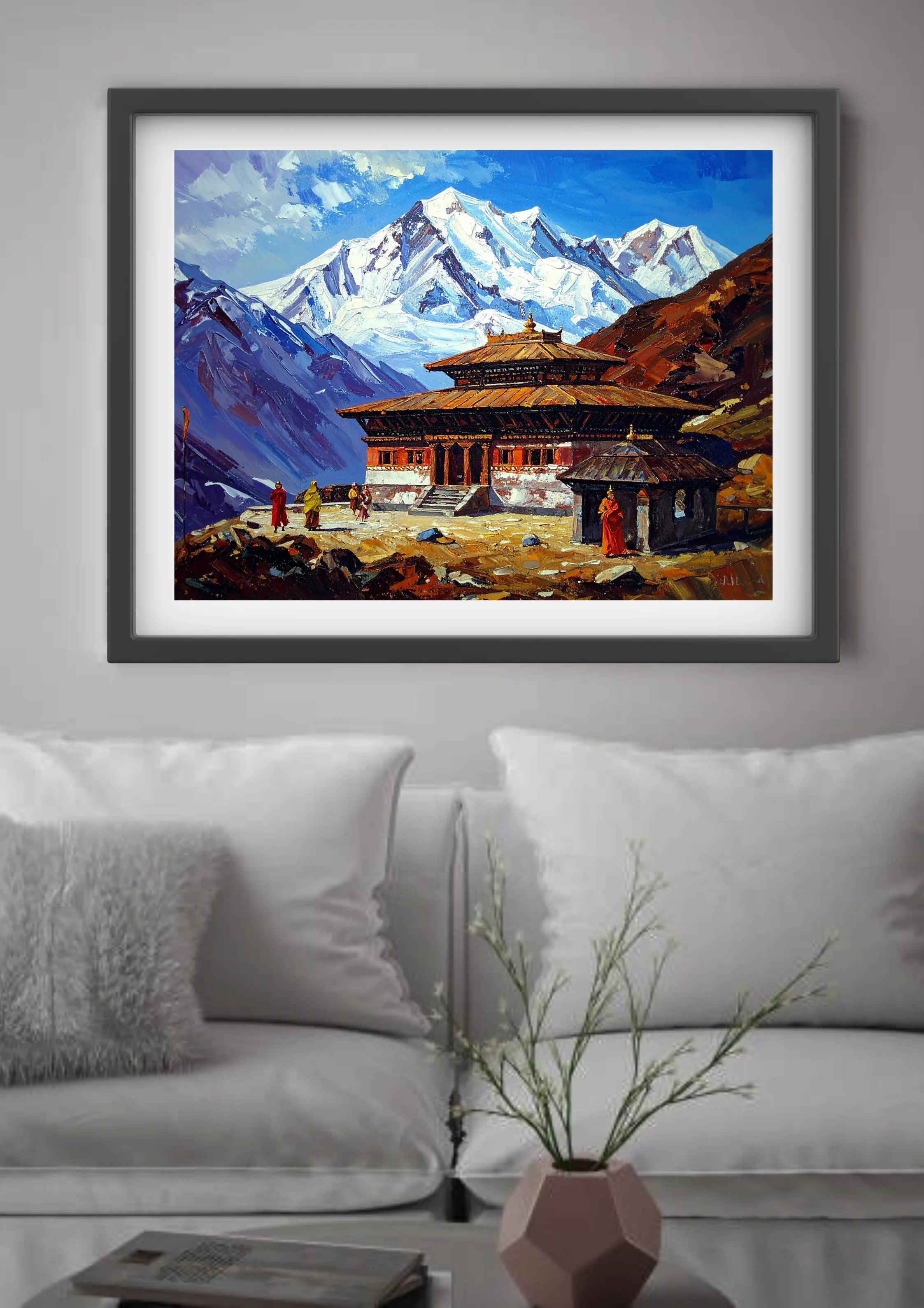 Peaceful mountain monastery canvas wall art painting

