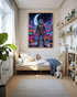 Modern bedroom with a large framed artwork of an astronaut in a futuristic cityscape.