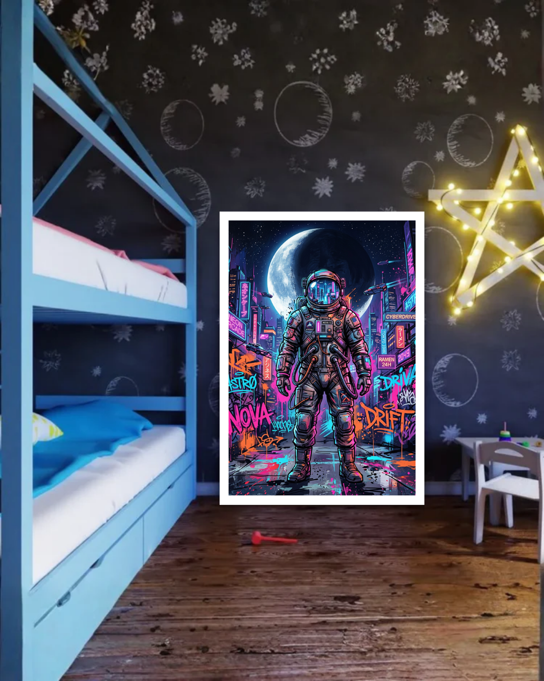 Neon-themed poster of an astronaut in a bedroom with bunk beds and decorative lights.