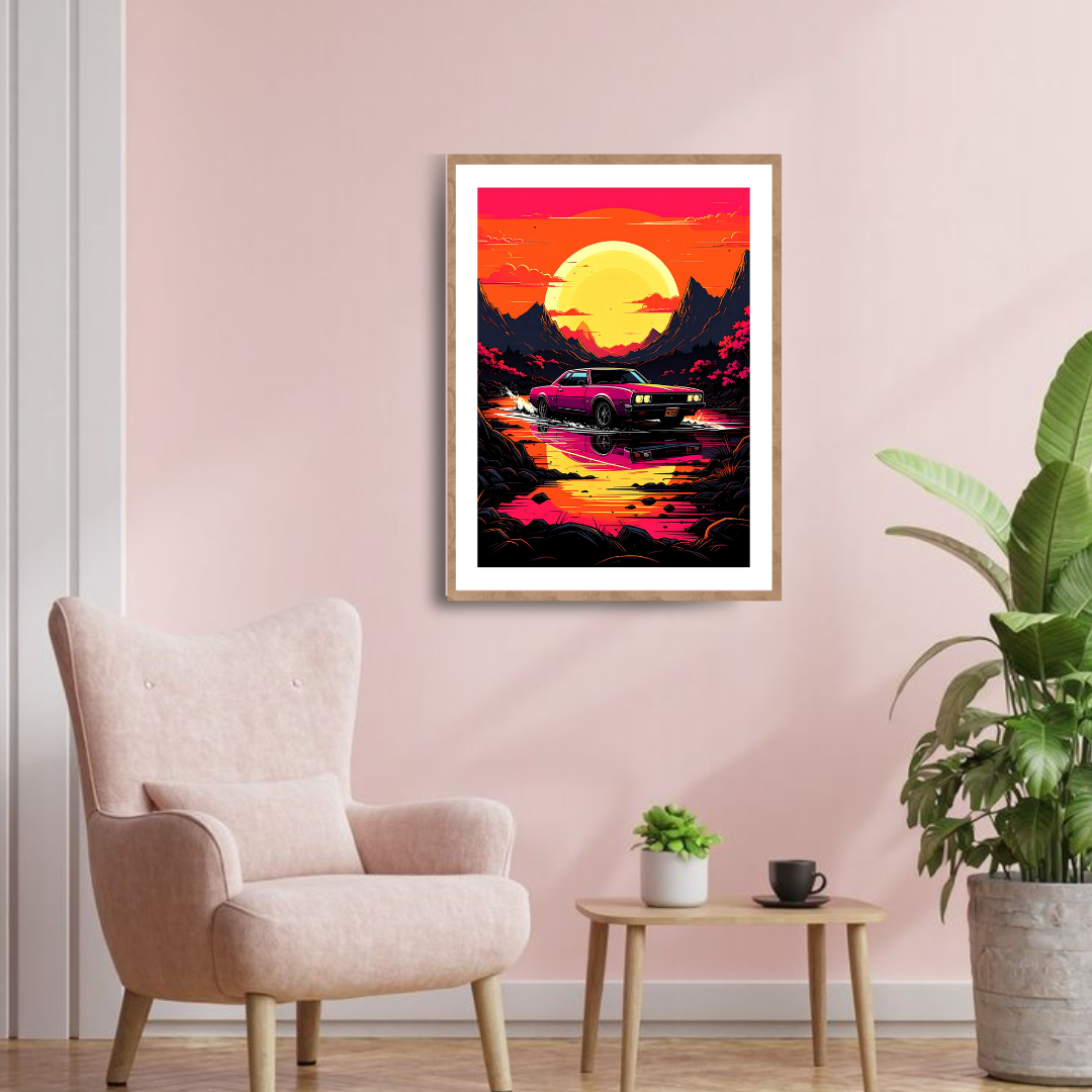 Synthwave Muscle Car Sunset Retro Canvas Art