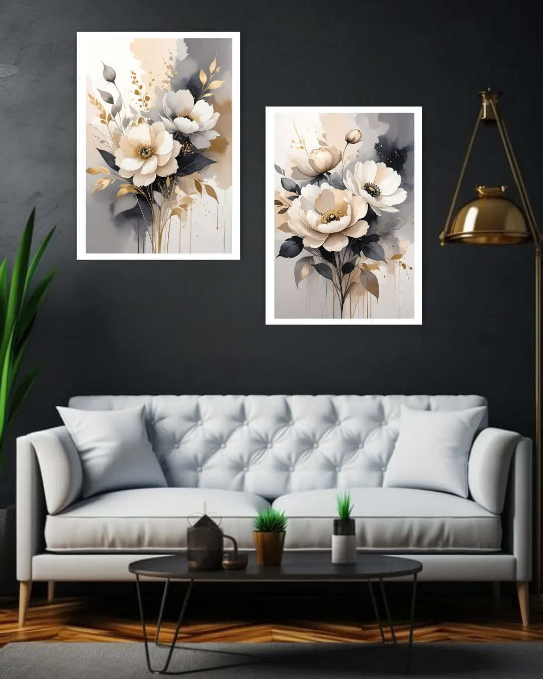 Living room with a gray sofa, coffee table, and floral wall art.