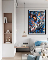 Framed artwork of a sports player in a modern living room setting