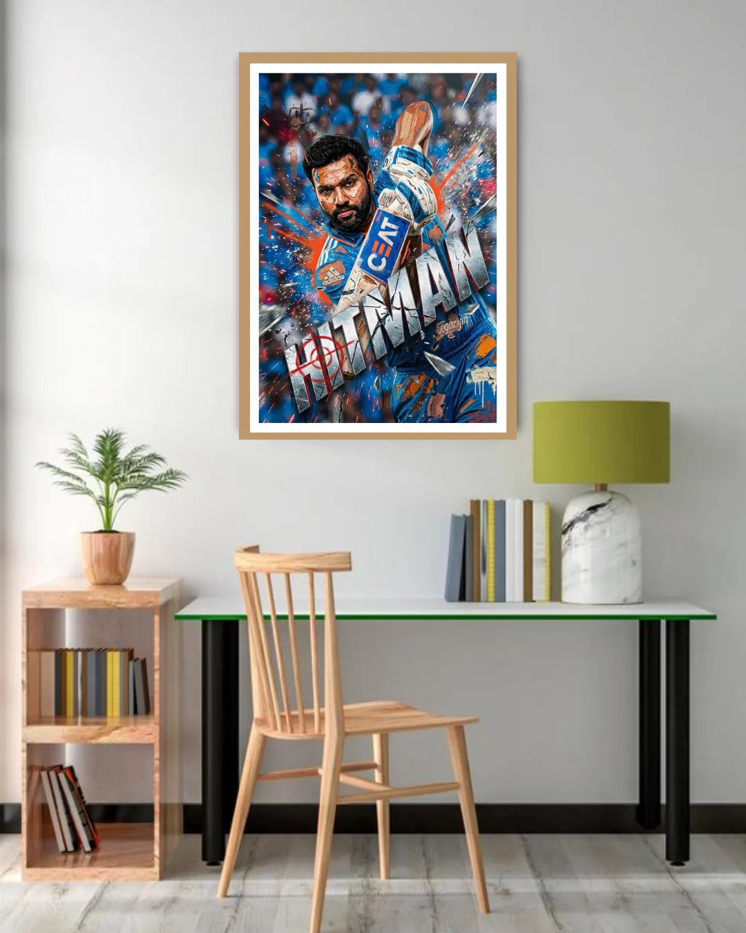 Framed artwork of a sports player on a wall above a desk with a chair.