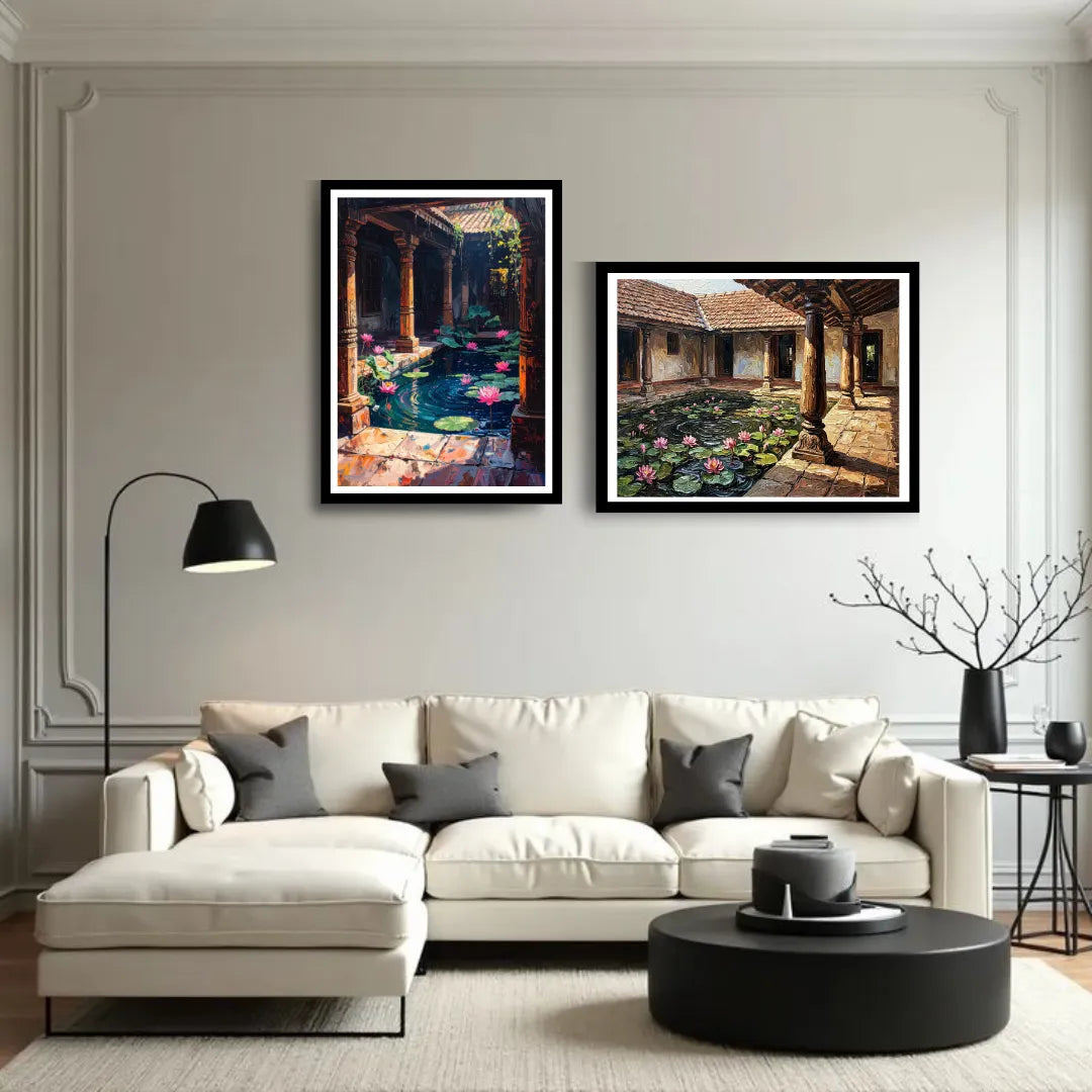 Traditional heritage courtyard canvas wall art set
