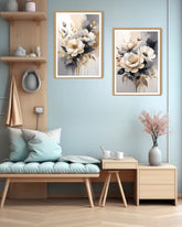 Living room with floral wall art, a bench, and decorative items.