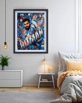 Framed artwork of a sports figure on a wall in a bedroom.
