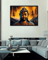 Framed artwork of a Buddha statue on a wall above a sofa in a living room.