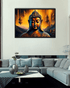 Framed artwork of a Buddha statue on a wall above a sofa in a living room.