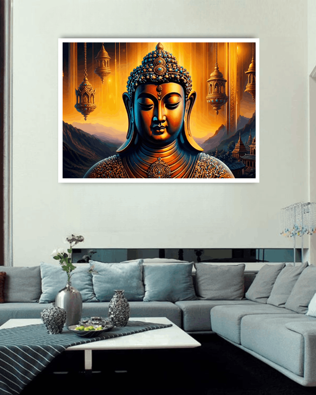 Framed artwork of a Buddha statue on a wall above a gray sofa.