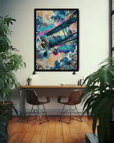 Colorful airplane artwork on a wall above a desk with chairs.
