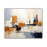 An abstract canvas wall art print featuring a modern geometric composition with blocks and drips of cream, orange, gray, black, and blue paint, shown against a plain white background.