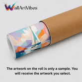 WallArtVibes rolled artwork print inside a protective kraft mailing tube with a sample abstract sailboat design, illustrating secure packaging for art prints. The artwork shown is for demonstration purposes only, and customers receive the design they select.