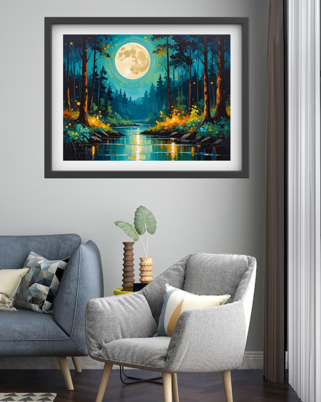 Abstract Moonlit Forest Lake - Wall Art Canvas WallArtVibes