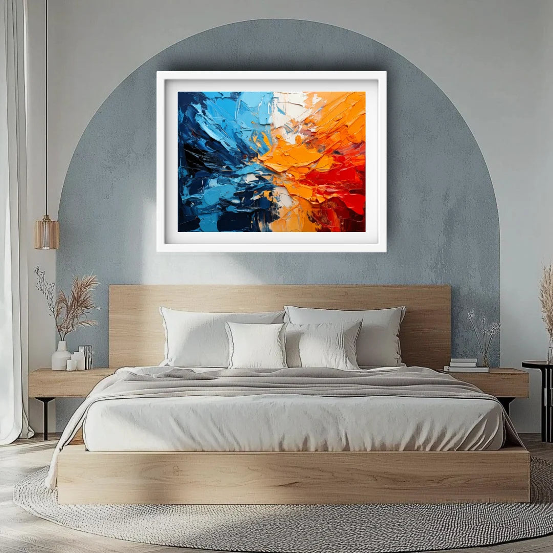 Blue orange abstract artwork displayed above a bed in a contemporary minimal bedroom.