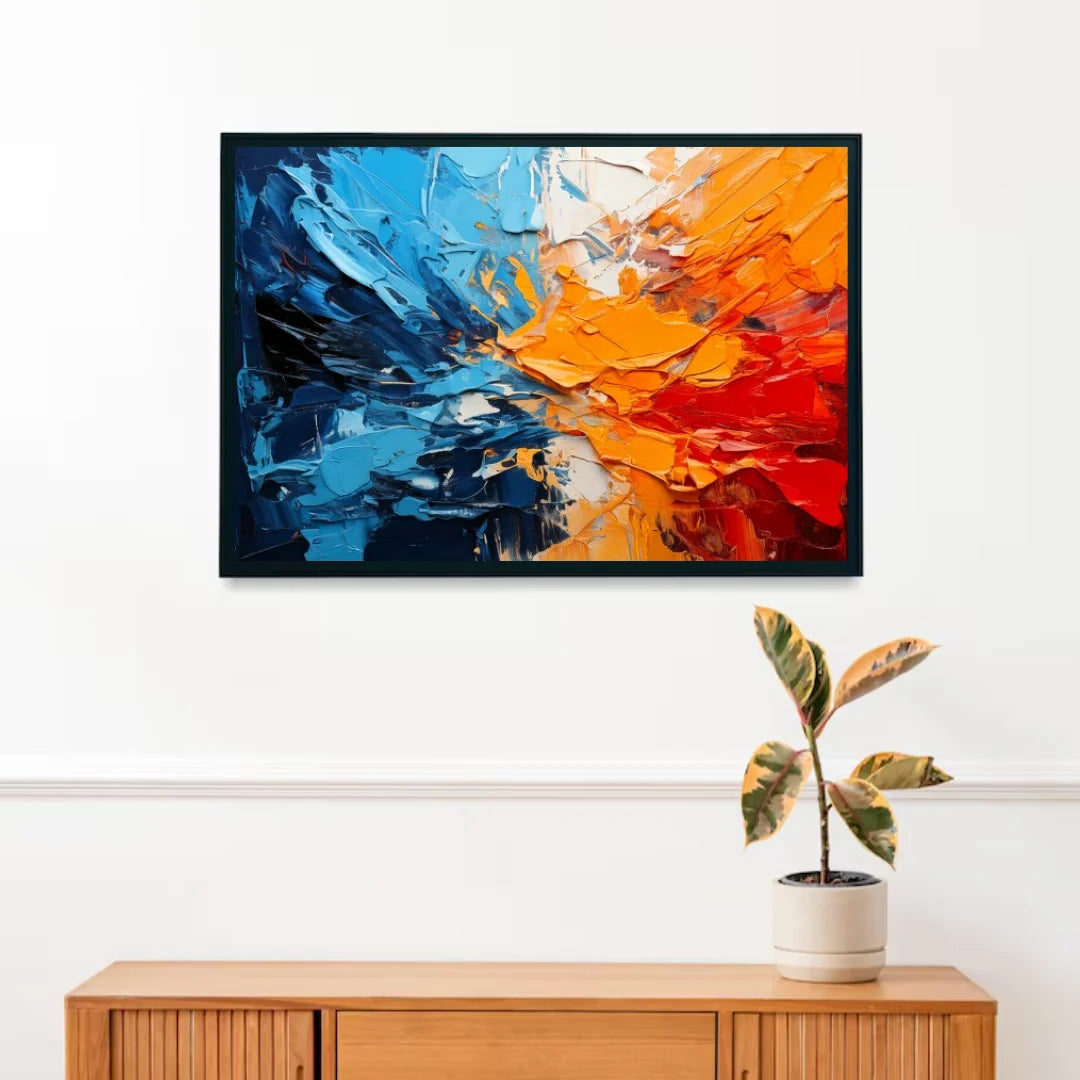 Blue orange abstract artwork displayed above a wooden console in a stylish entryway space.