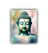 Abstract Buddha portrait painting displayed on a textured wall in a rustic-themed room.